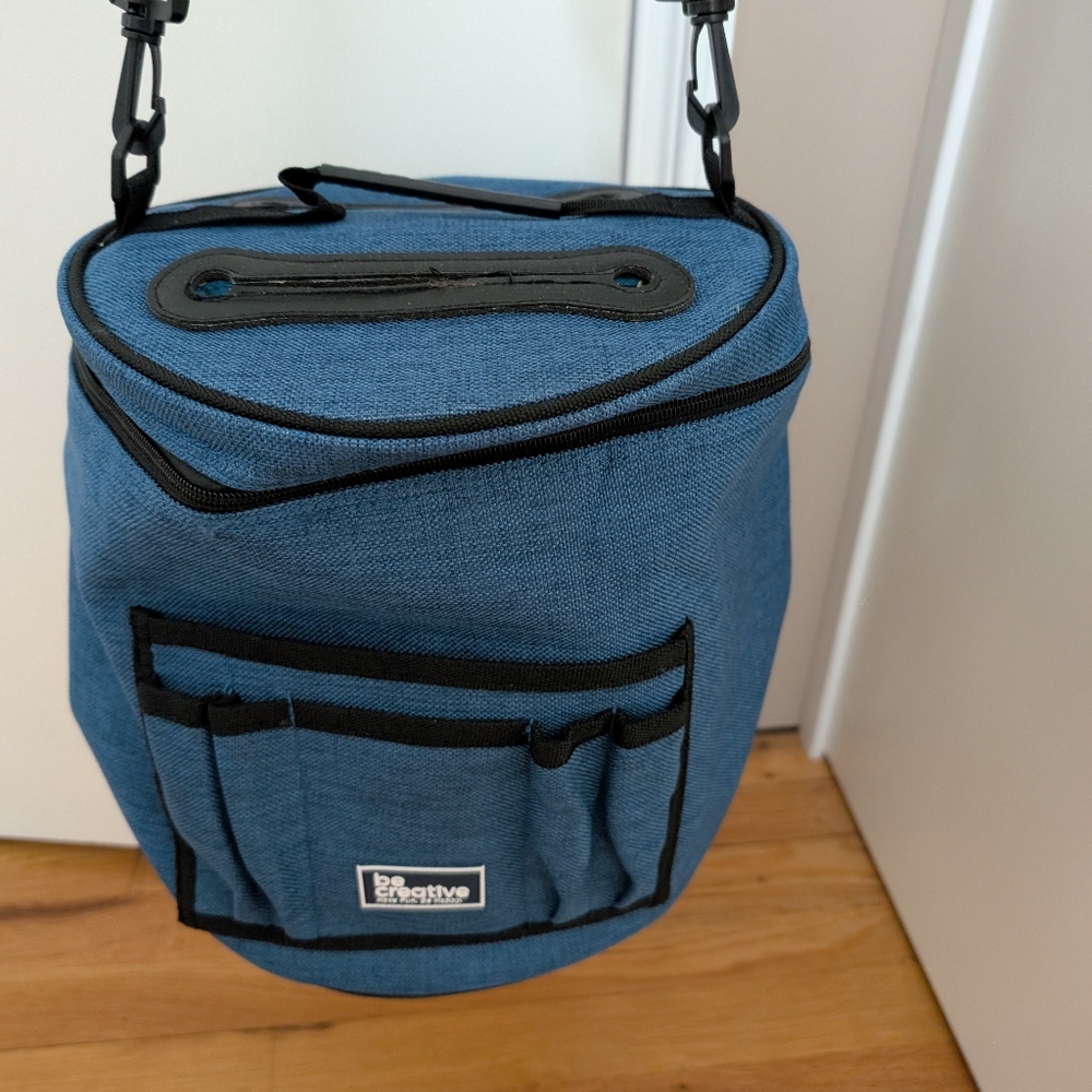 Be creative Knitting Bag Organizer Crochet Storage Blue Linen with Cotton Lining